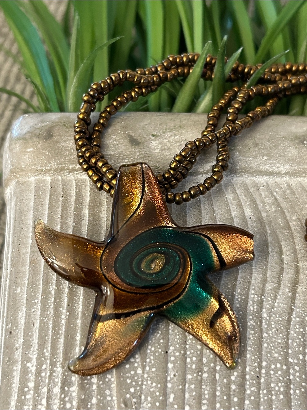 Starfish Glass Pendant Necklace on triple stranded beaded chain